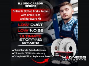 Alfa Romeo Stelvio Brake Kit - 2.0L - Front - R1 Concepts - Optimum OEp Brake Pads - GEO-Carbon Drilled + Slotted Rotors